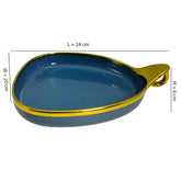 Stylish Blue Ceramic Deep Triangular Platter – Gold Rim & Hook Handle, 24cm